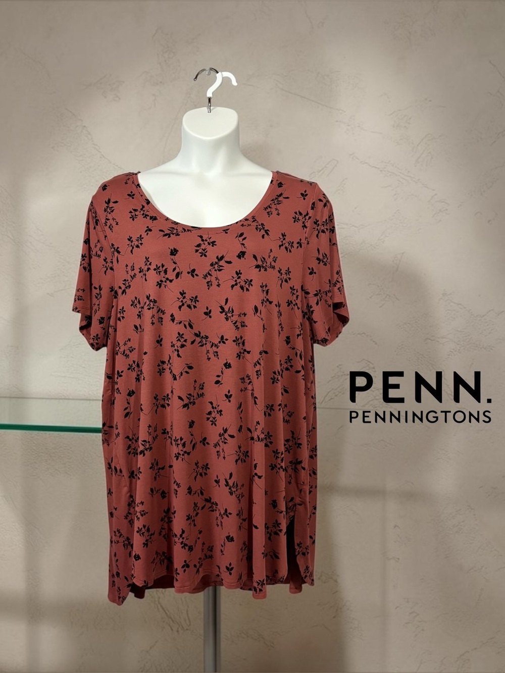 NEW, Penningtons, Plus Size 3X, Floral Tunic Top, Rust & Black Stretch Viscose